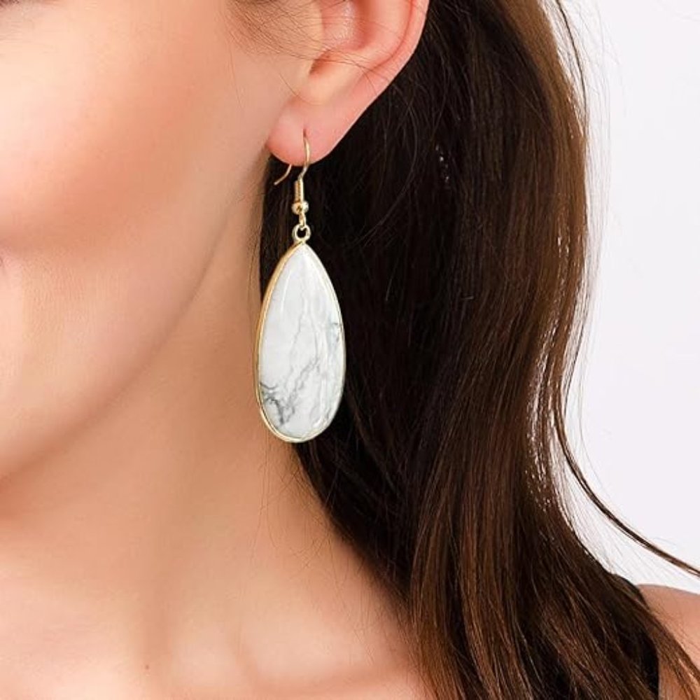 White Howlite Stone Earrings Gemstone Water Drop Teardrop Gem Dangle Charm New